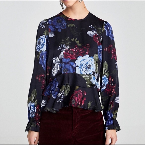 Zara Black Floral Peplum Long Sleeve Blouse - Picture 2 of 8